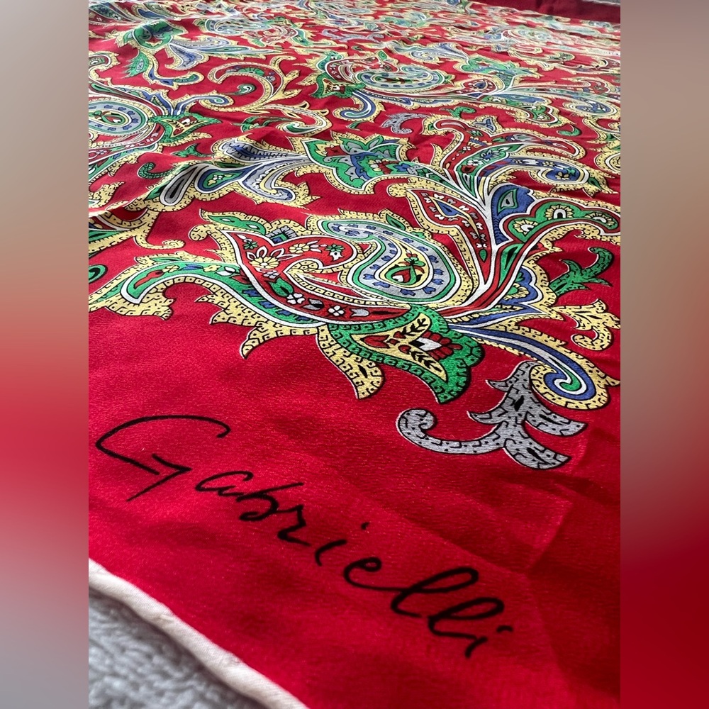 Vintage Gabrielli Silk Scarf 33x34 Red Multicolor Paisley Hand-Rolled
